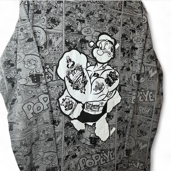 Vintage Popeye Comic Long Sleeve Shirt | Graphic Tee Size L Gray Black - Picture 2 of 5
